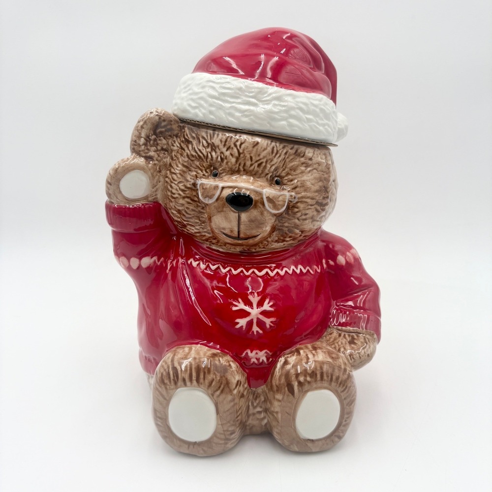 Ceramic Teddy Bear Cookie Jar Red Sweater Santa Hat Snowflake Christmas Decor